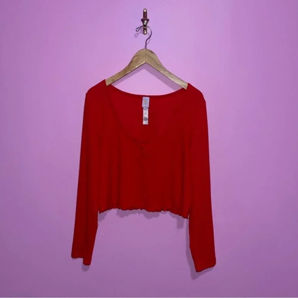 Savage X Fenty Long Sleeve Crop Women's Size‎ 1X Goji Berry Red Waffle Sleepwear